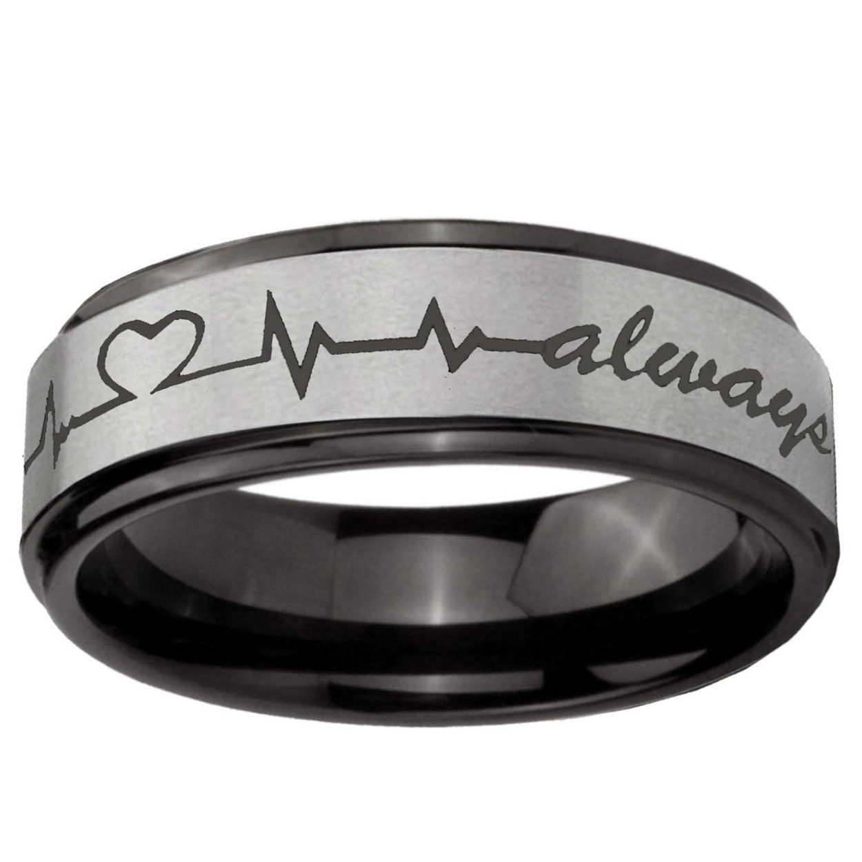 6mm Heart Beat forever Heart always Black Step Edge Gray Tungsten Band