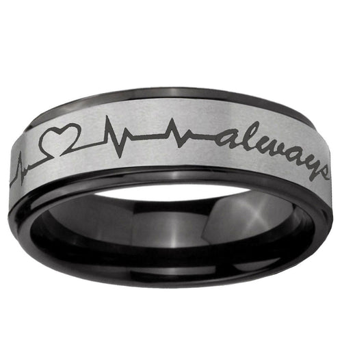 6mm Heart Beat forever Heart always Black Step Edge Gray Tungsten Band
