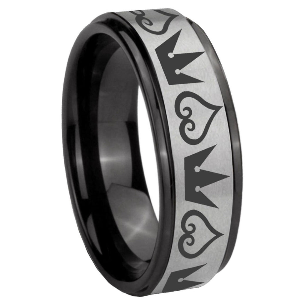 8mm Hearts Crowns Black Step Edge Gray Tungsten Ring