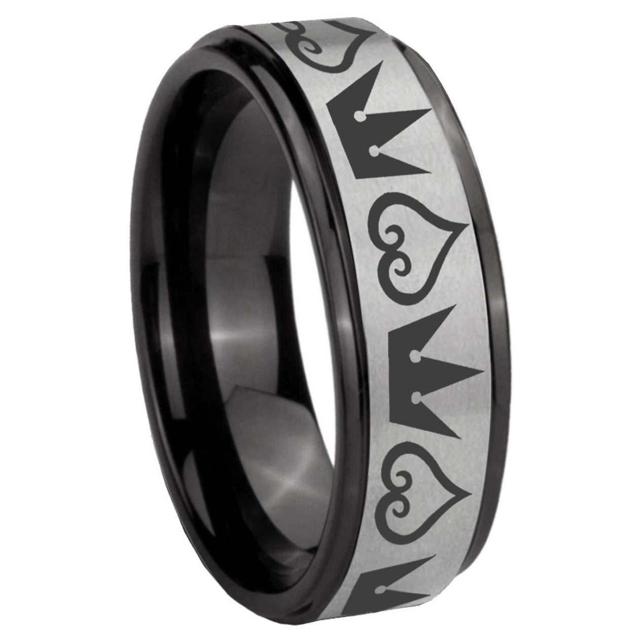 8mm Hearts Crowns Black Step Edge Gray Tungsten Ring