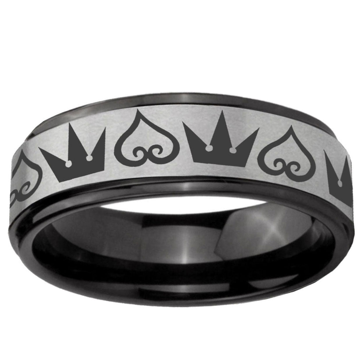6mm Hearts Crowns Black Step Edge Gray Tungsten Ring