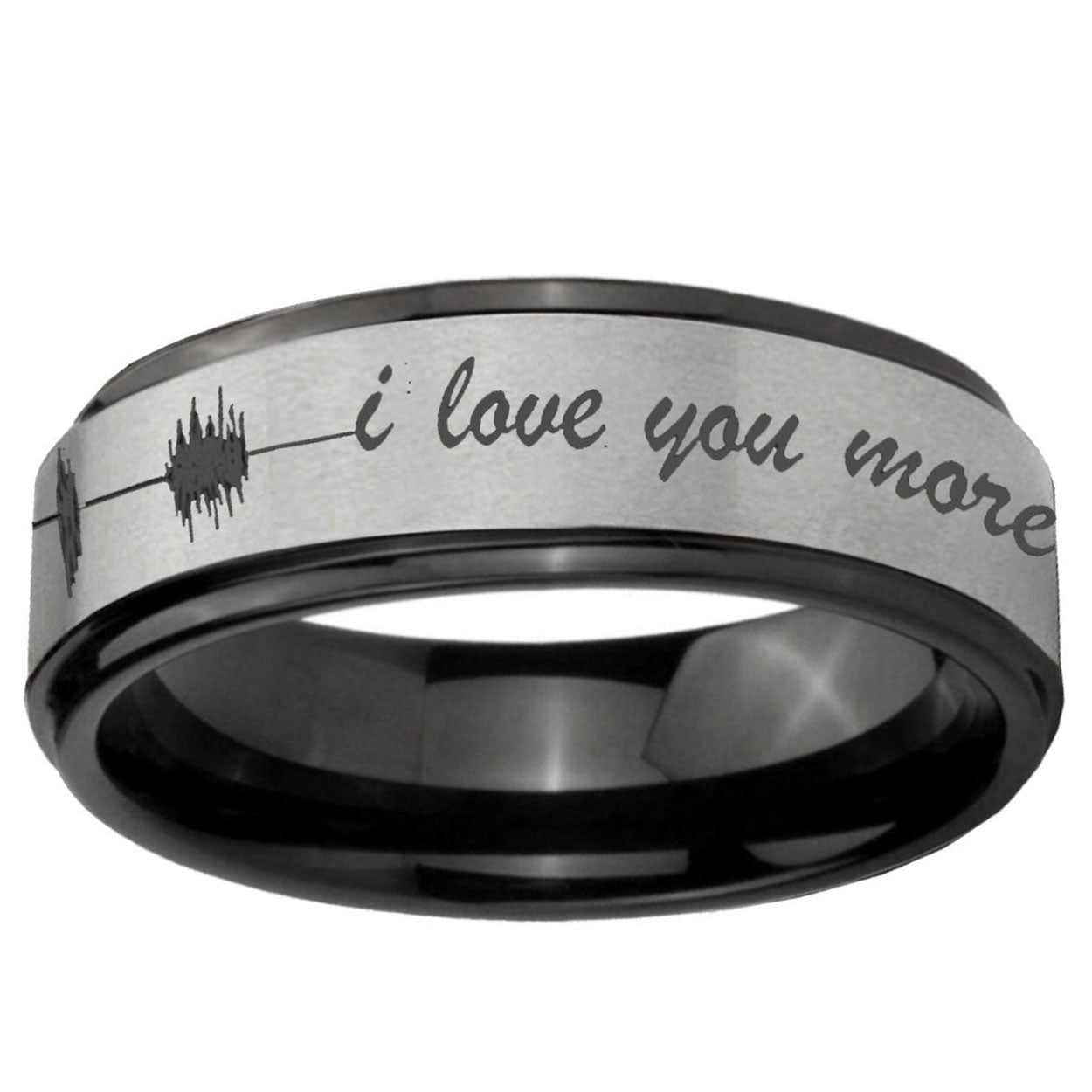 6mm Sound Wave I love you more Black Step Edge Gray Tungsten Ring