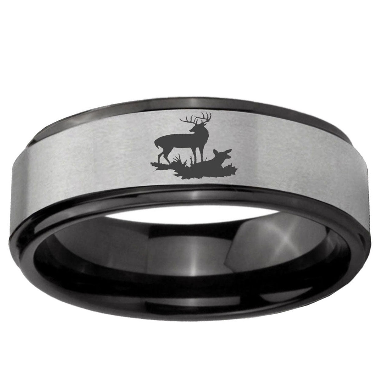 6mm Deer Hunting Black Step Edge Gray Tungsten Mens Ring