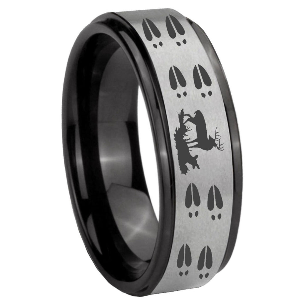 8mm Deer Hunting Tracks Black Step Edge Gray Tungsten Ring