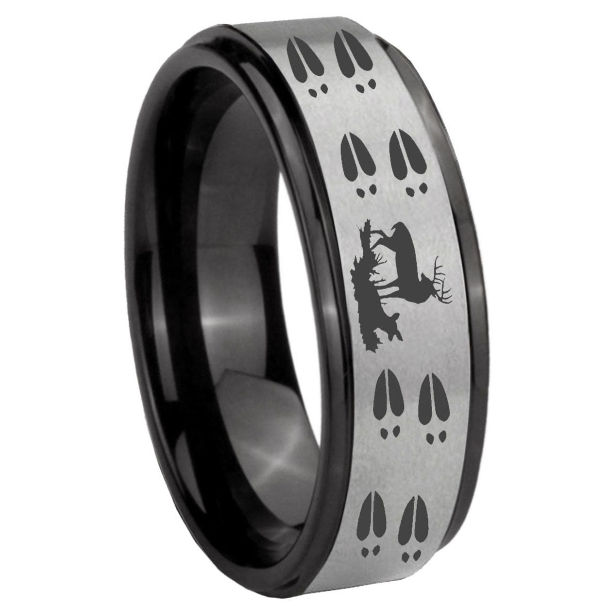 8mm Deer Hunting Tracks Black Step Edge Gray Tungsten Ring