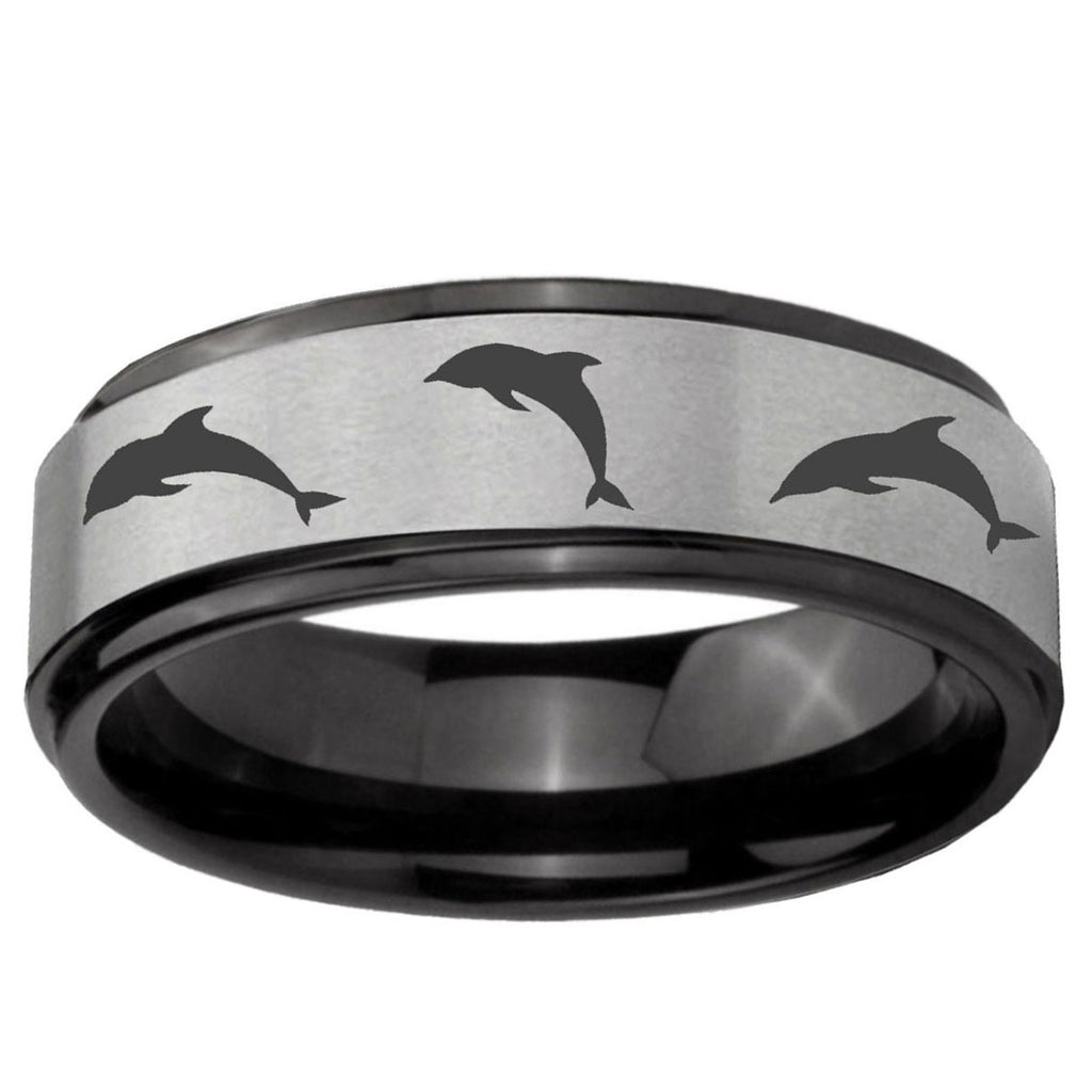 6mm Dolphins Black Step Edge Gray Tungsten Personalized Ring