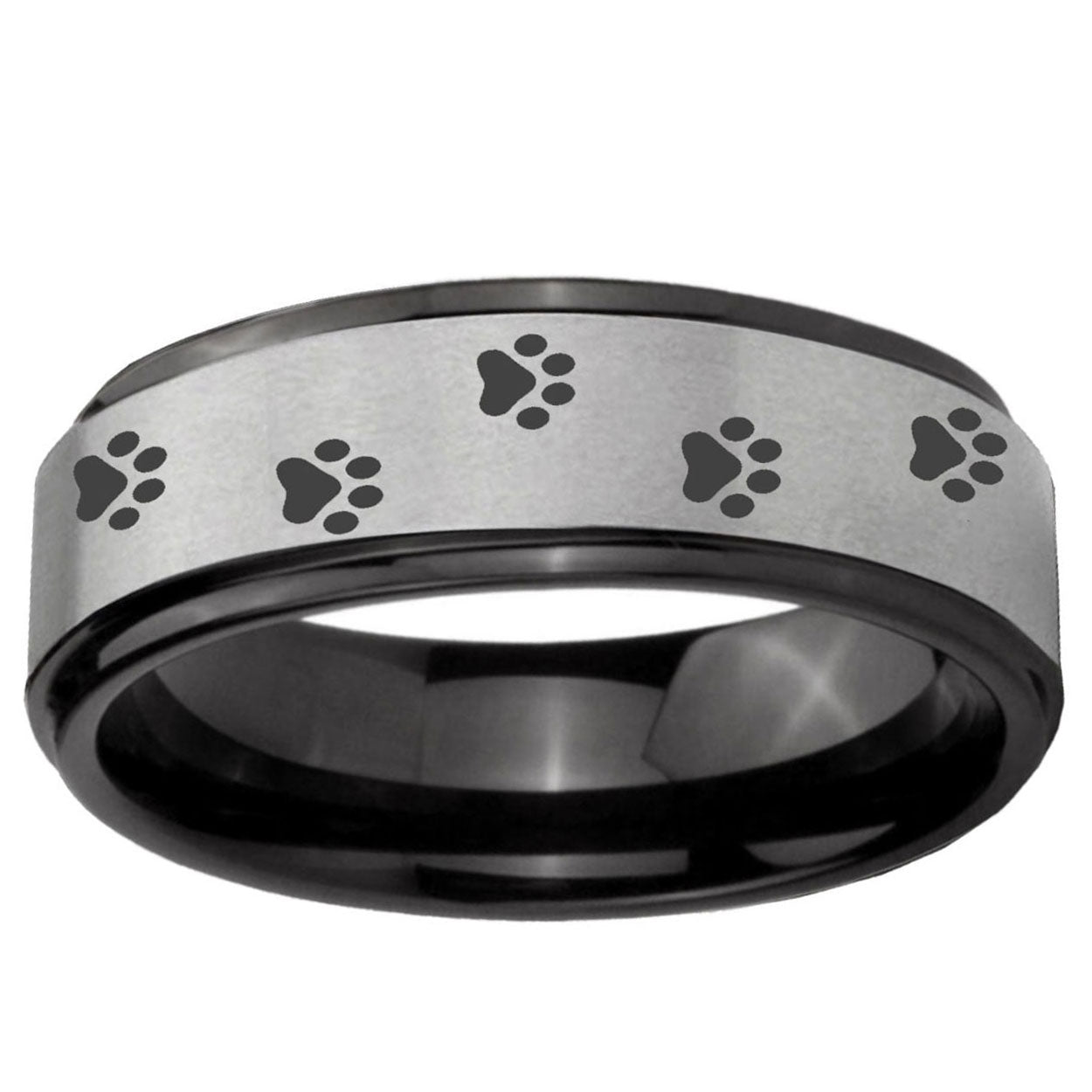 6mm Paw Print Black Step Edge Gray Tungsten Promise Ring