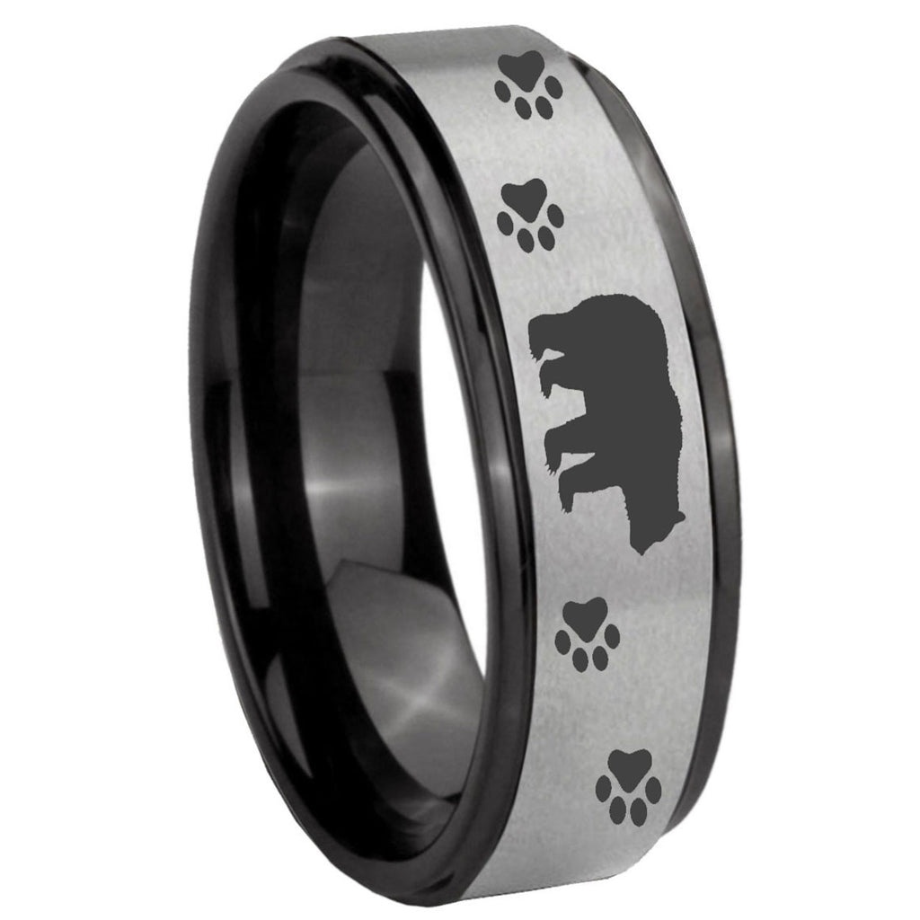 8mm Bear and Paw Black Step Edge Gray Tungsten Ring for Men