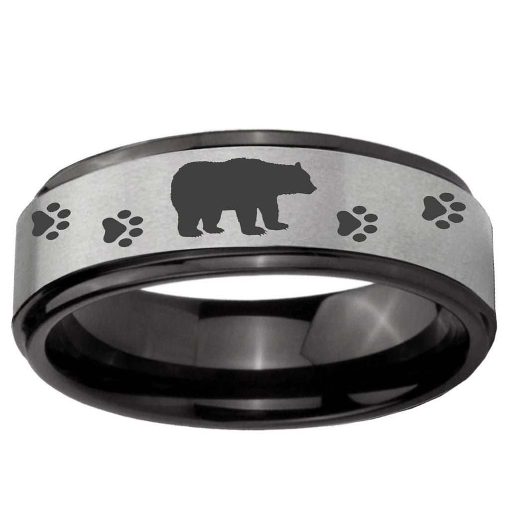 6mm Bear and Paw Black Step Edge Gray Tungsten Ring for Men