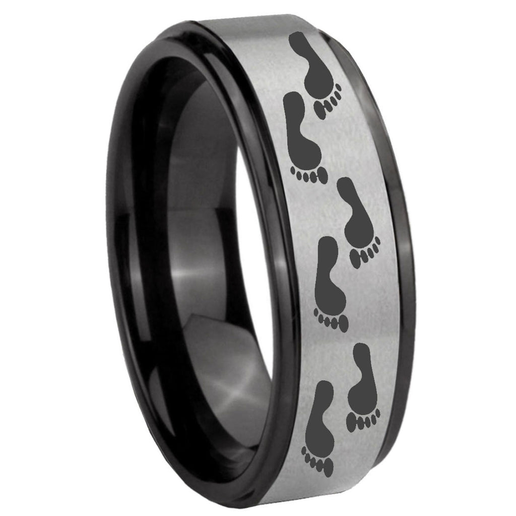 8mm Foot Print Black Step Edge Gray Tungsten Wedding Band