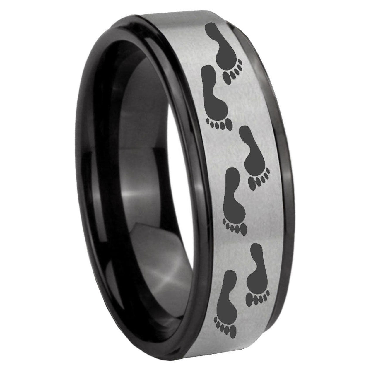 8mm Foot Print Black Step Edge Gray Tungsten Wedding Band