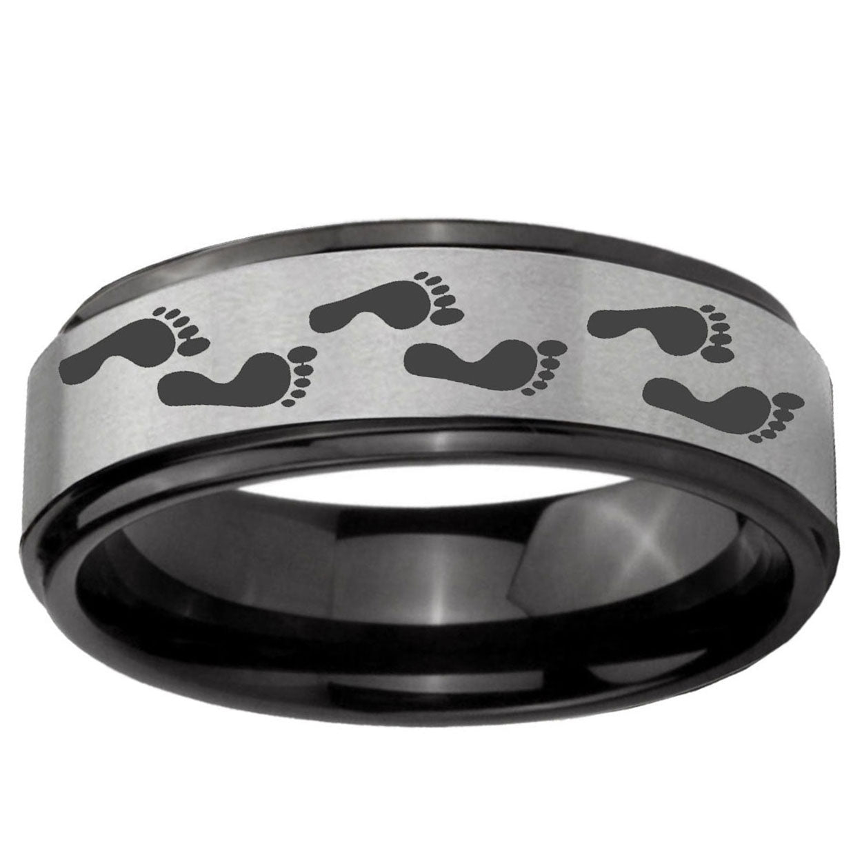 6mm Foot Print Black Step Edge Gray Tungsten Wedding Band