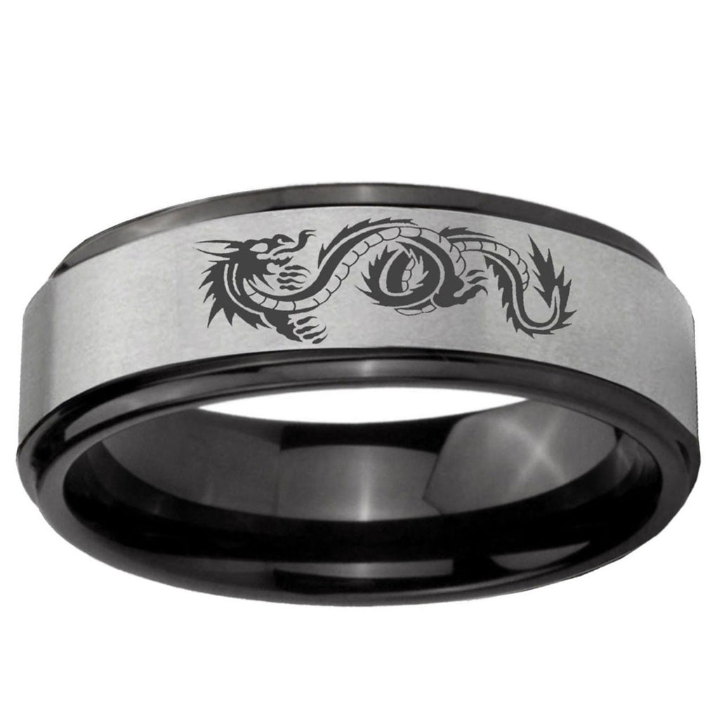6mm Dragon Black Step Edge Gray Tungsten Engraved Ring