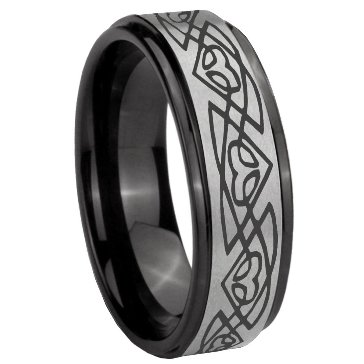 8mm Celtic Braided Black Step Edge Gray Tungsten Mens Ring