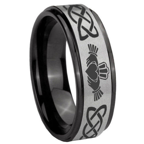 8mm Irish Claddagh Black Step Edge Gray Tungsten Ring