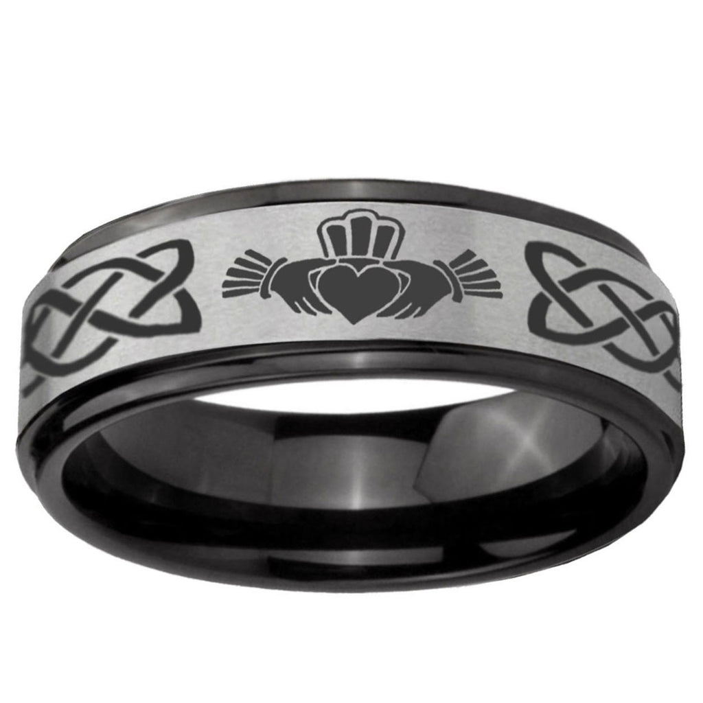 6mm Irish Claddagh Black Step Edge Gray Tungsten Ring