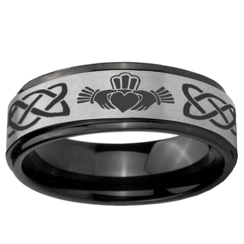 6mm Irish Claddagh Black Step Edge Gray Tungsten Ring