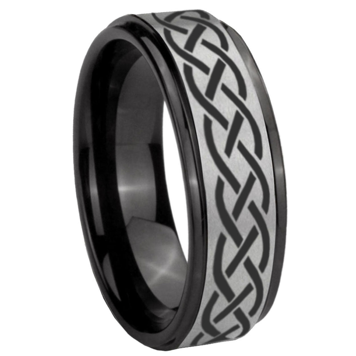 8mm Celtic Knot Black Step Edge Gray Tungsten Mens Ring
