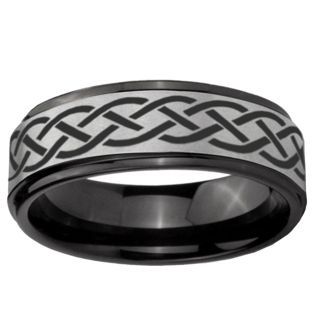6mm Celtic Knot Black Step Edge Gray Tungsten Mens Ring