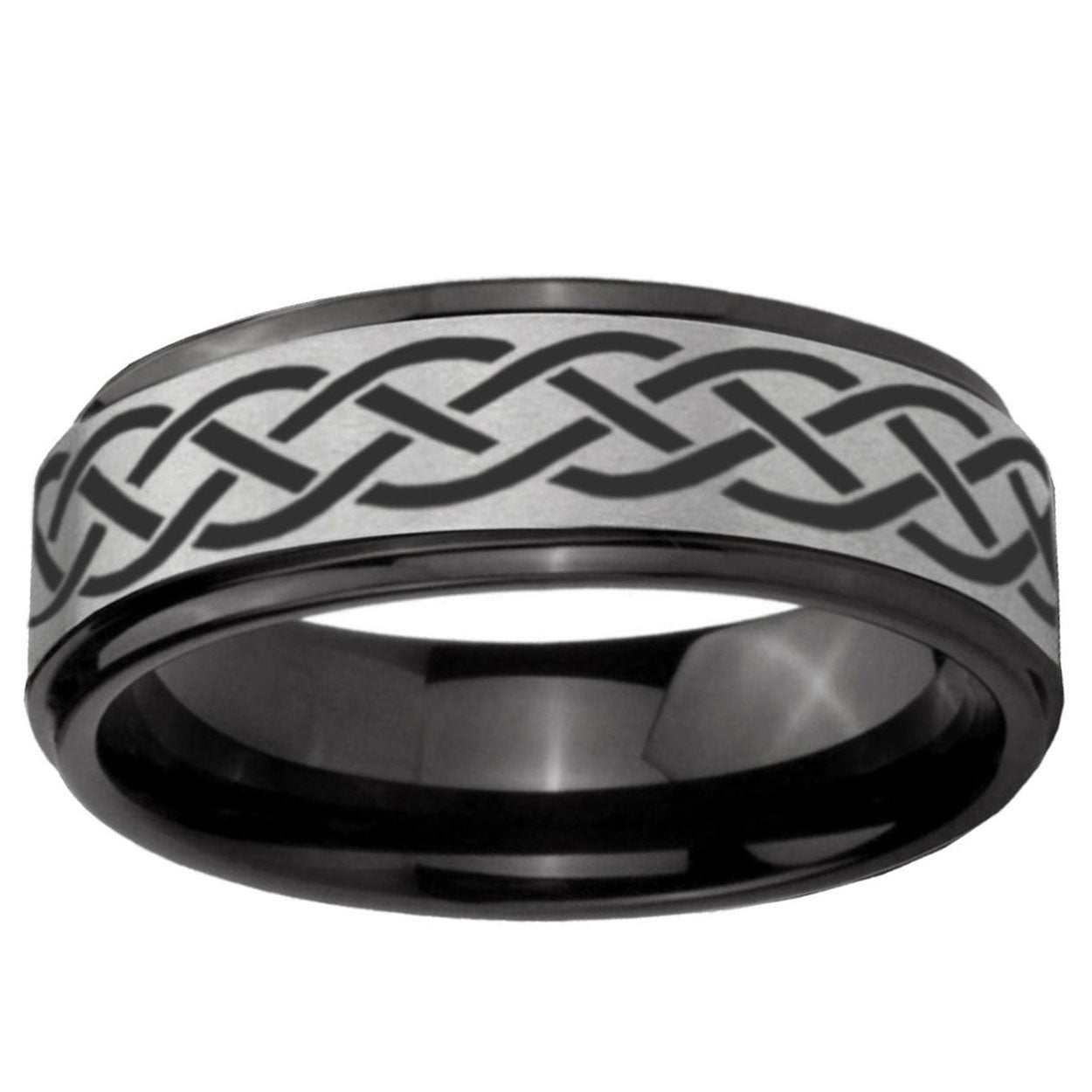 6mm Celtic Knot Black Step Edge Gray Tungsten Mens Ring