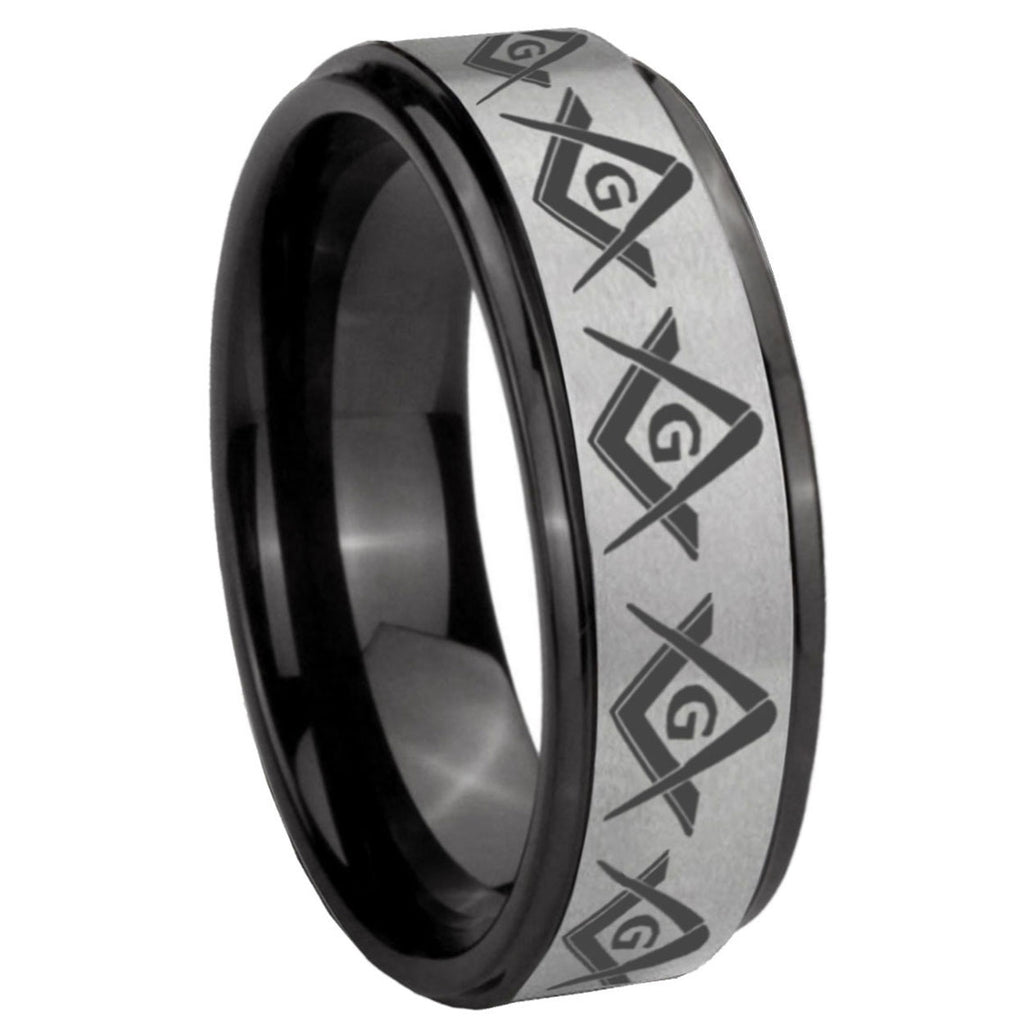 8mm Masonic Square Compass Black Step Edge Gray Tungsten Band