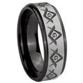 8mm Masonic Square Compass Black Step Edge Gray Tungsten Band