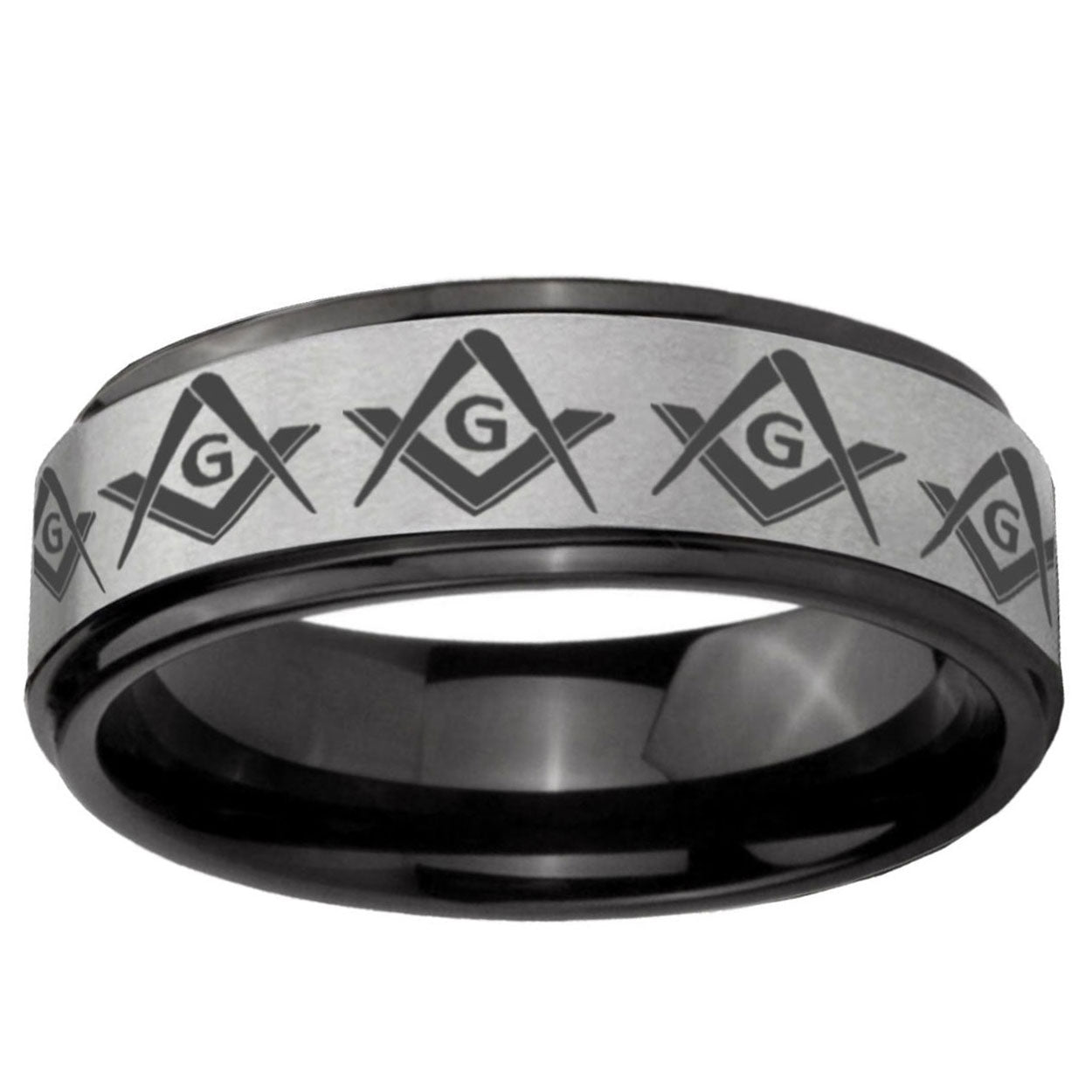 6mm Masonic Square Compass Black Step Edge Gray Tungsten Band