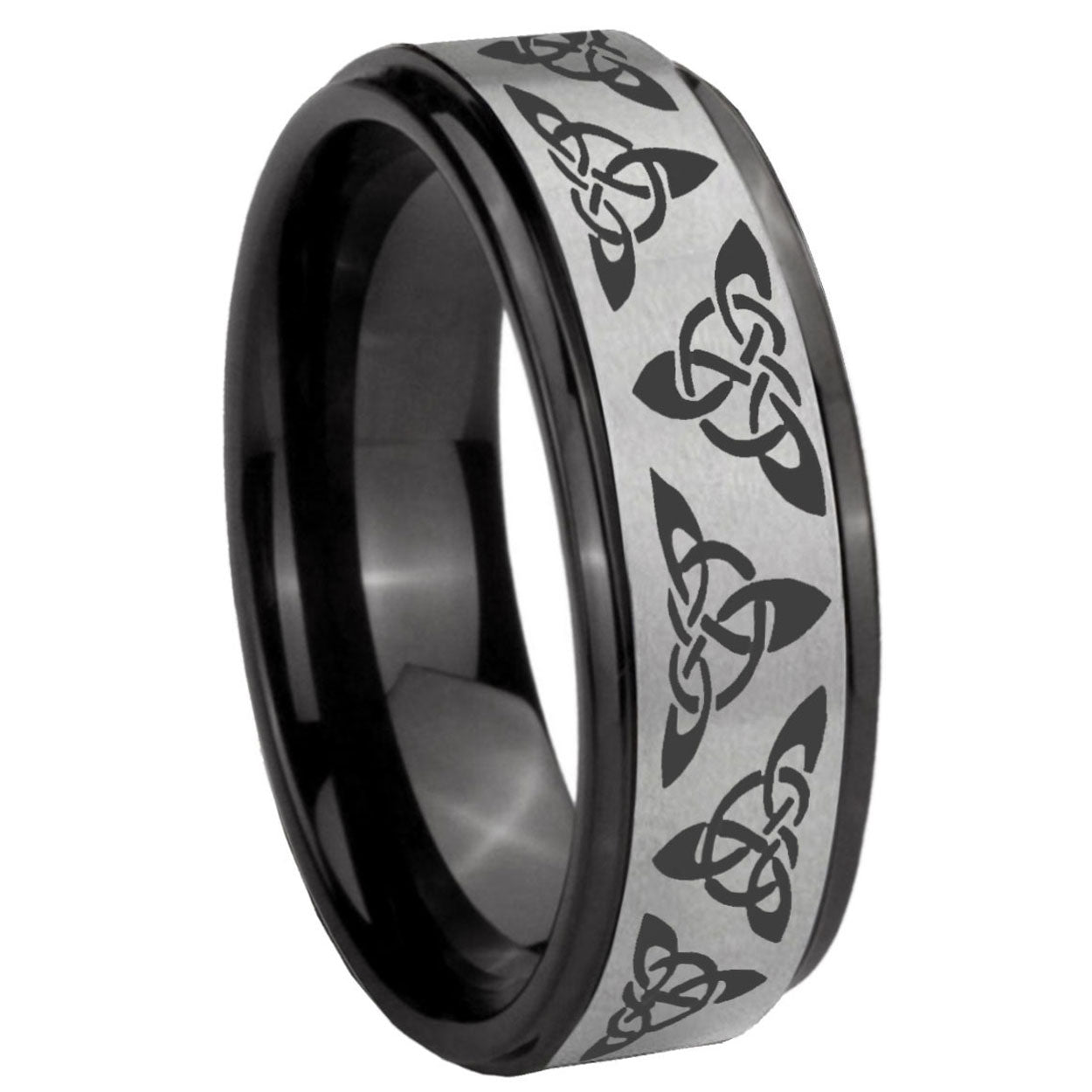 8mm Celtic Knot Black Step Edge Gray Tungsten Promised Ring