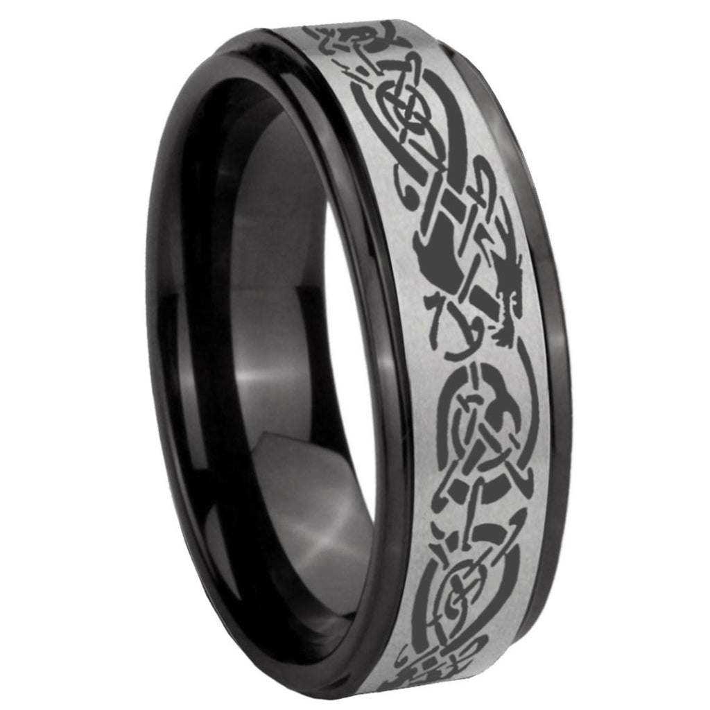 8mm Celtic Dragon Black Step Edge Gray Tungsten Mens Ring