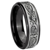 8mm Celtic Dragon Black Step Edge Gray Tungsten Carbide Men's Wedding Ring