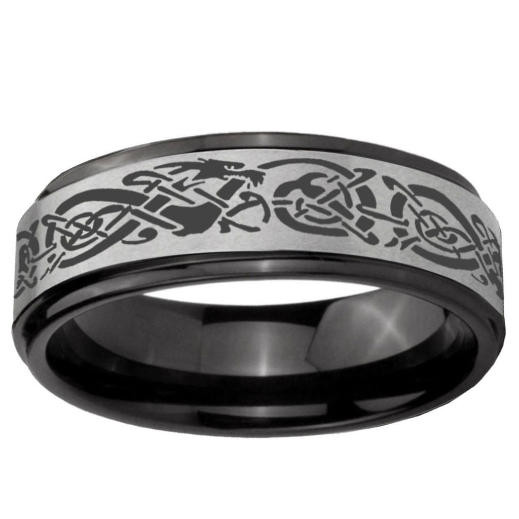 6mm Celtic Dragon Black Step Edge Gray Tungsten Mens Ring