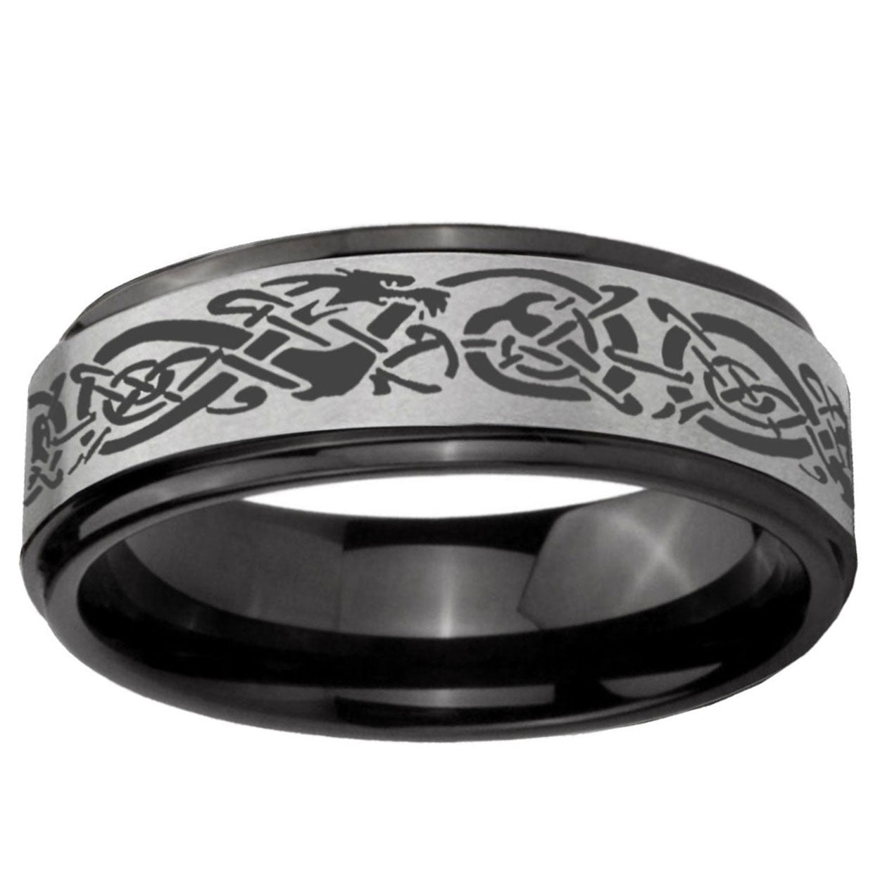 6mm Celtic Dragon Black Step Edge Gray Tungsten Mens Ring