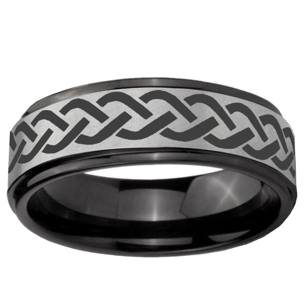 6mm Laser Celtic Knot Black Step Edge Gray Tungsten Band