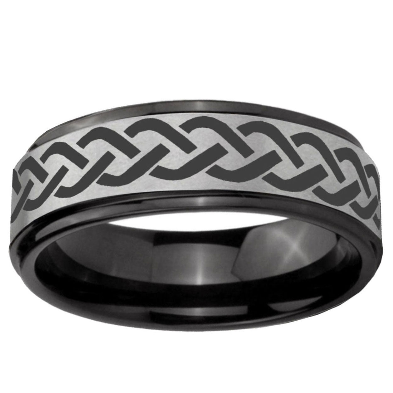 6mm Laser Celtic Knot Black Step Edge Gray Tungsten Band