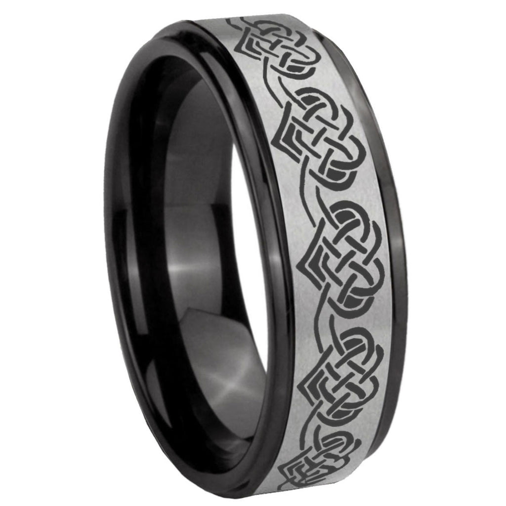 8mm Celtic Knot Heart Black Step Edge Gray Tungsten Ring