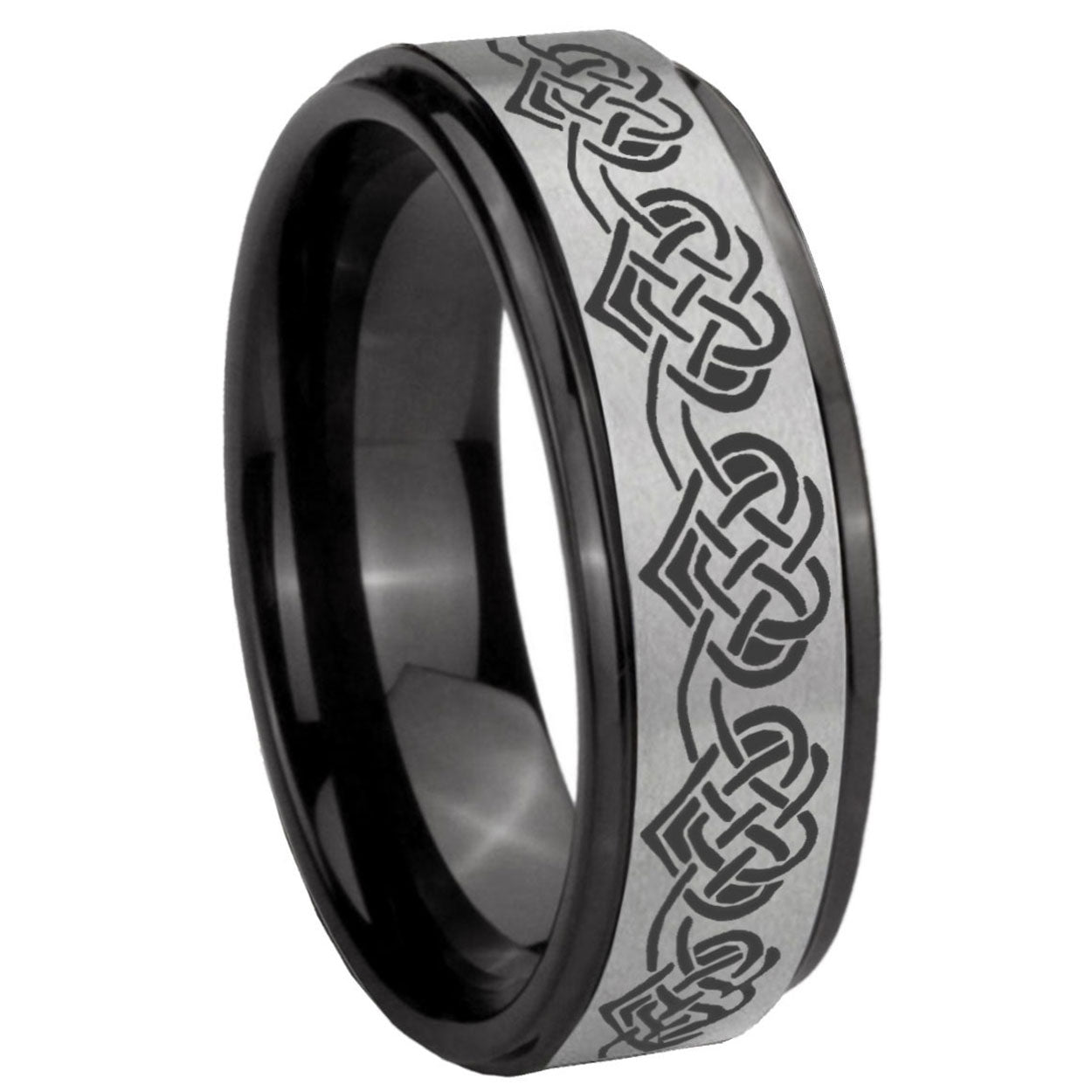 8mm Celtic Knot Heart Black Step Edge Gray Tungsten Ring