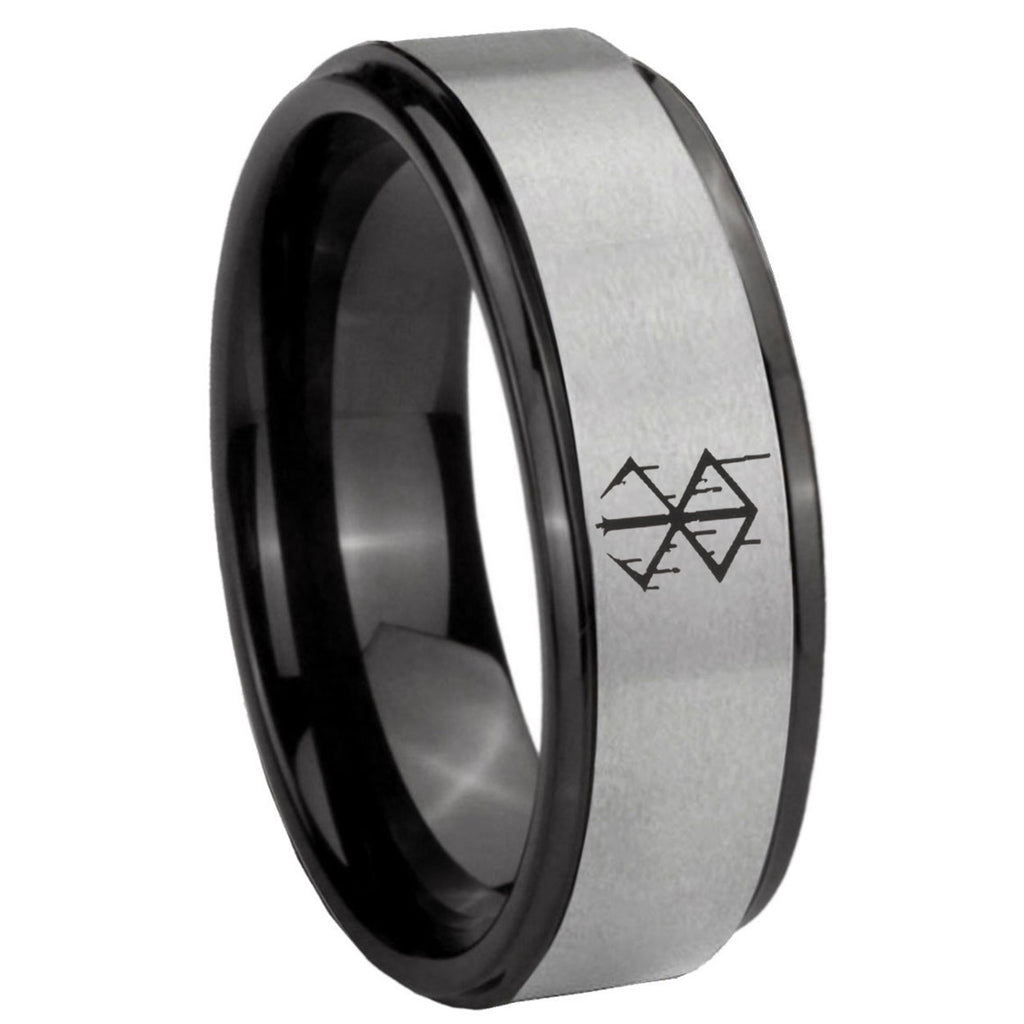 8mm Stigma Sangrando Berserk Inspired Black Step Edge Gray Tungsten Ring