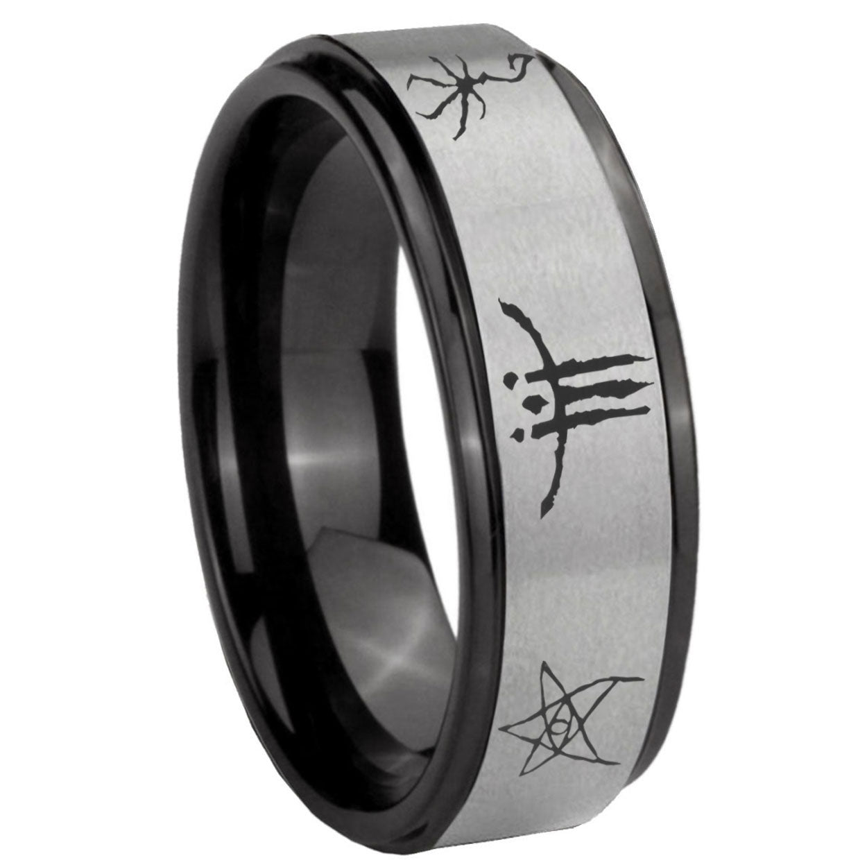 8mm Blackborne Caryll Runes Black Step Edge Gray Tungsten Ring