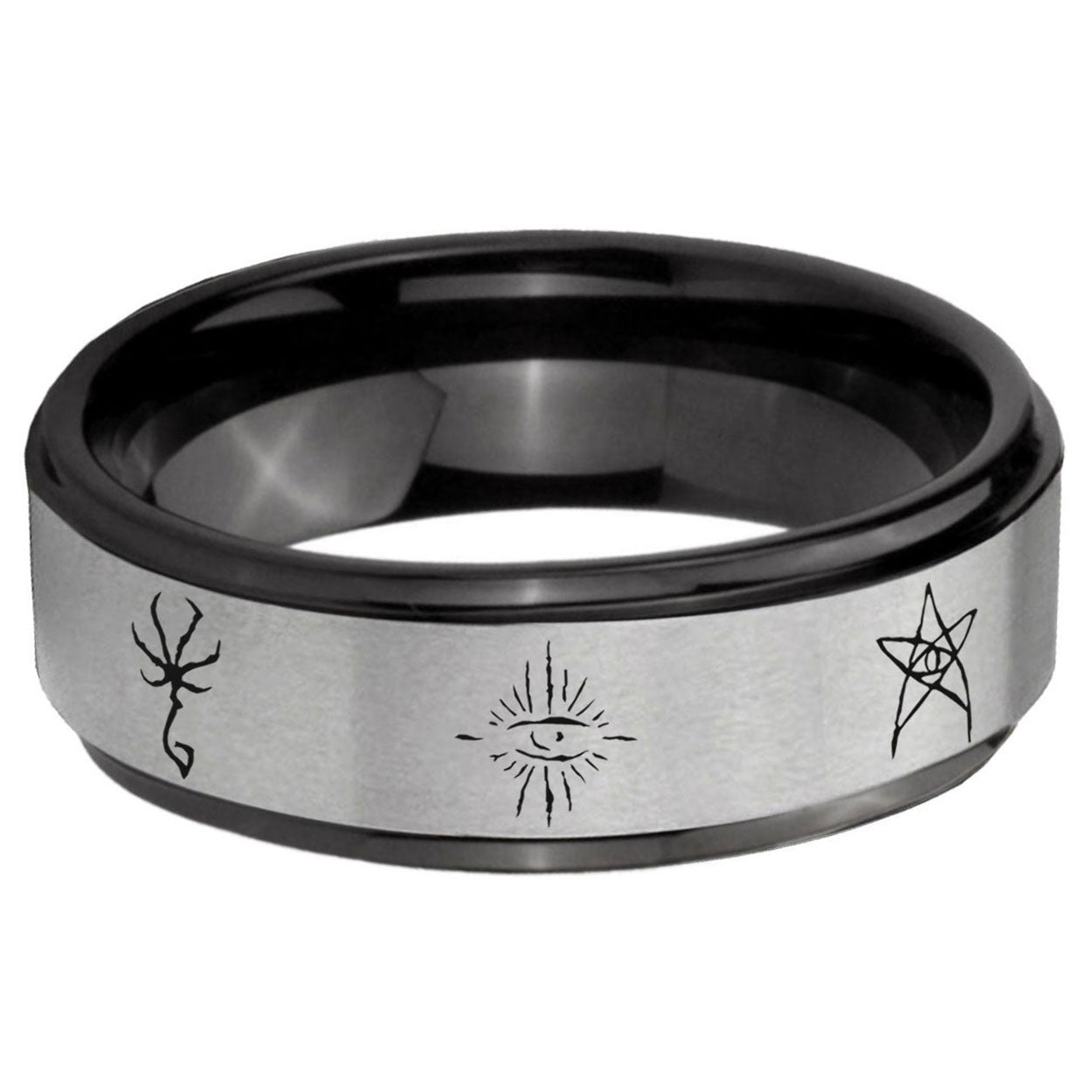 6mm Blackborne Caryll Runes Black Step Edge Gray Tungsten Ring