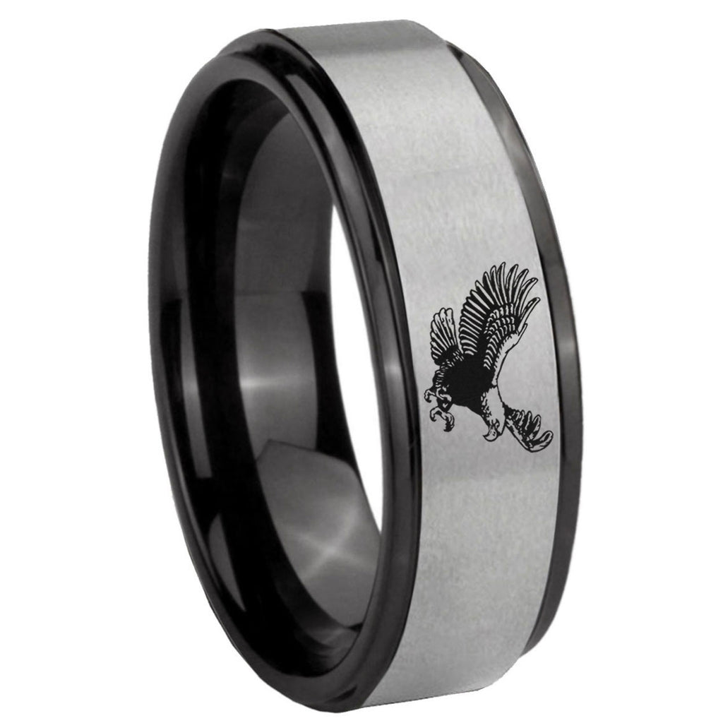 8mm Flying American Eagle Black Step Edge Gray Tungsten Ring