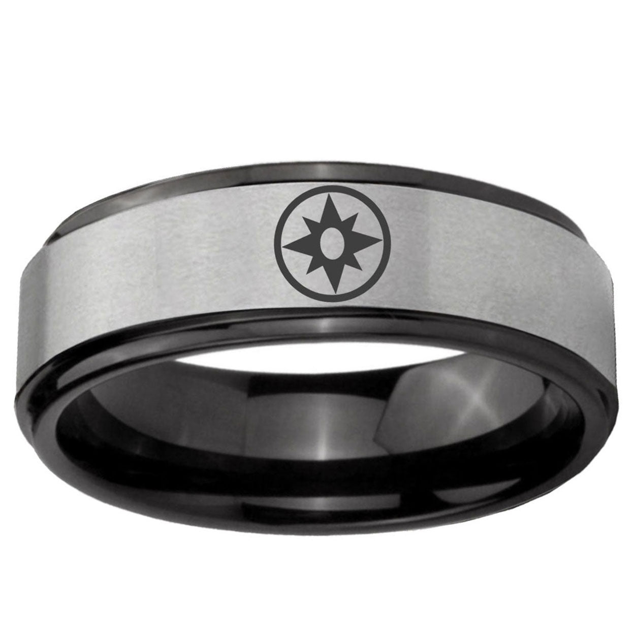 6mm Star Sapphire Lantern Black Step Edge Gray Tungsten Ring