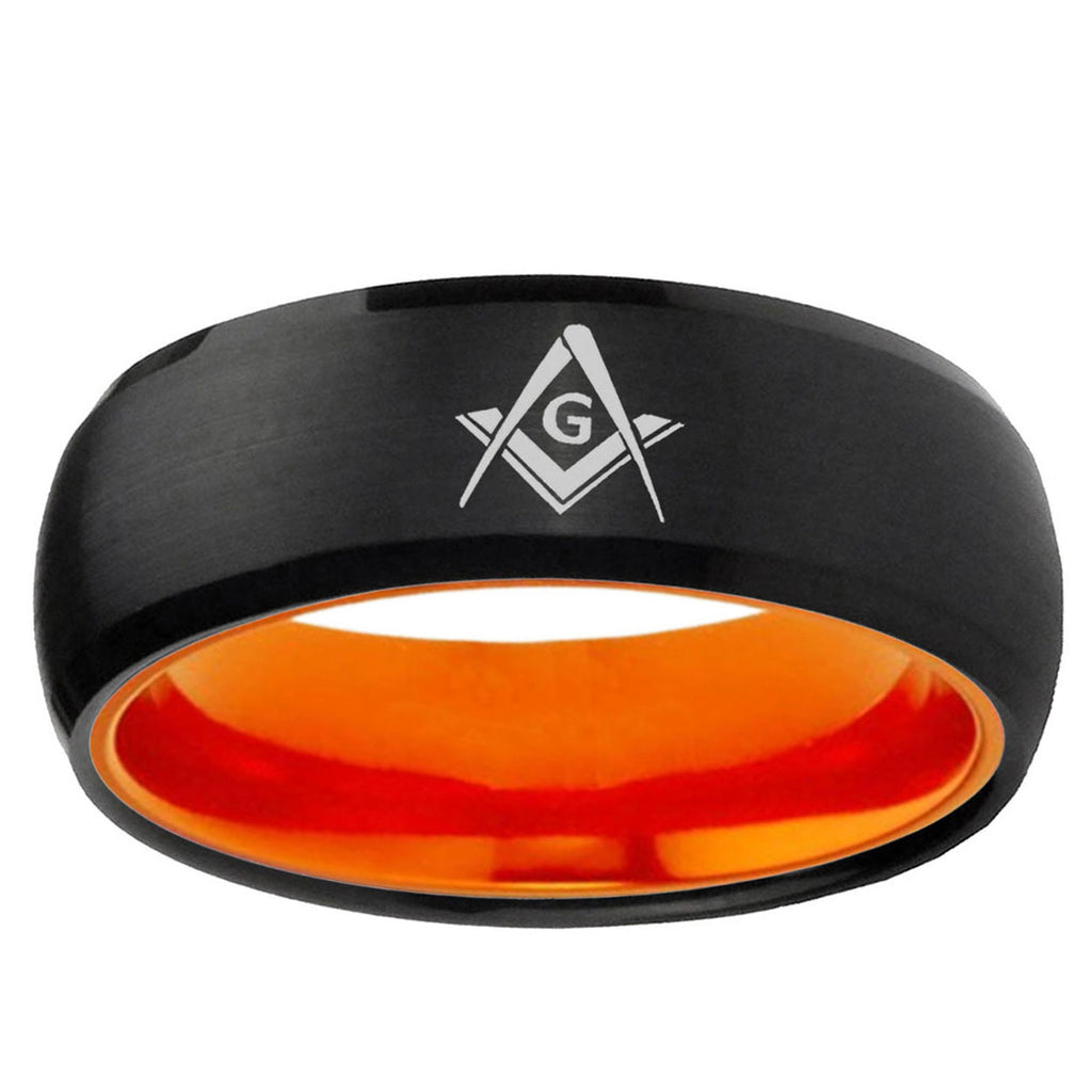 Freemason Masonic Dome Black And Orange Tungsten Bands Ring