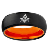 Freemason Masonic Dome Black And Orange Tungsten Carbide Bands Ring