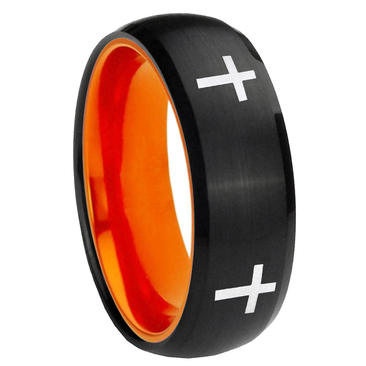 8mm Crosses Dome Black And Orange Tungsten Custom Men's Ring