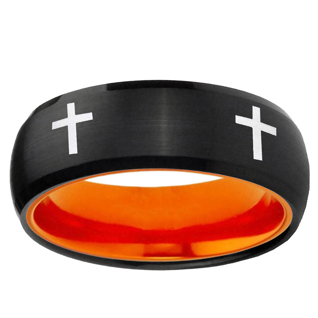 Crosses Dome Black And Orange Tungsten Custom Men's Ring