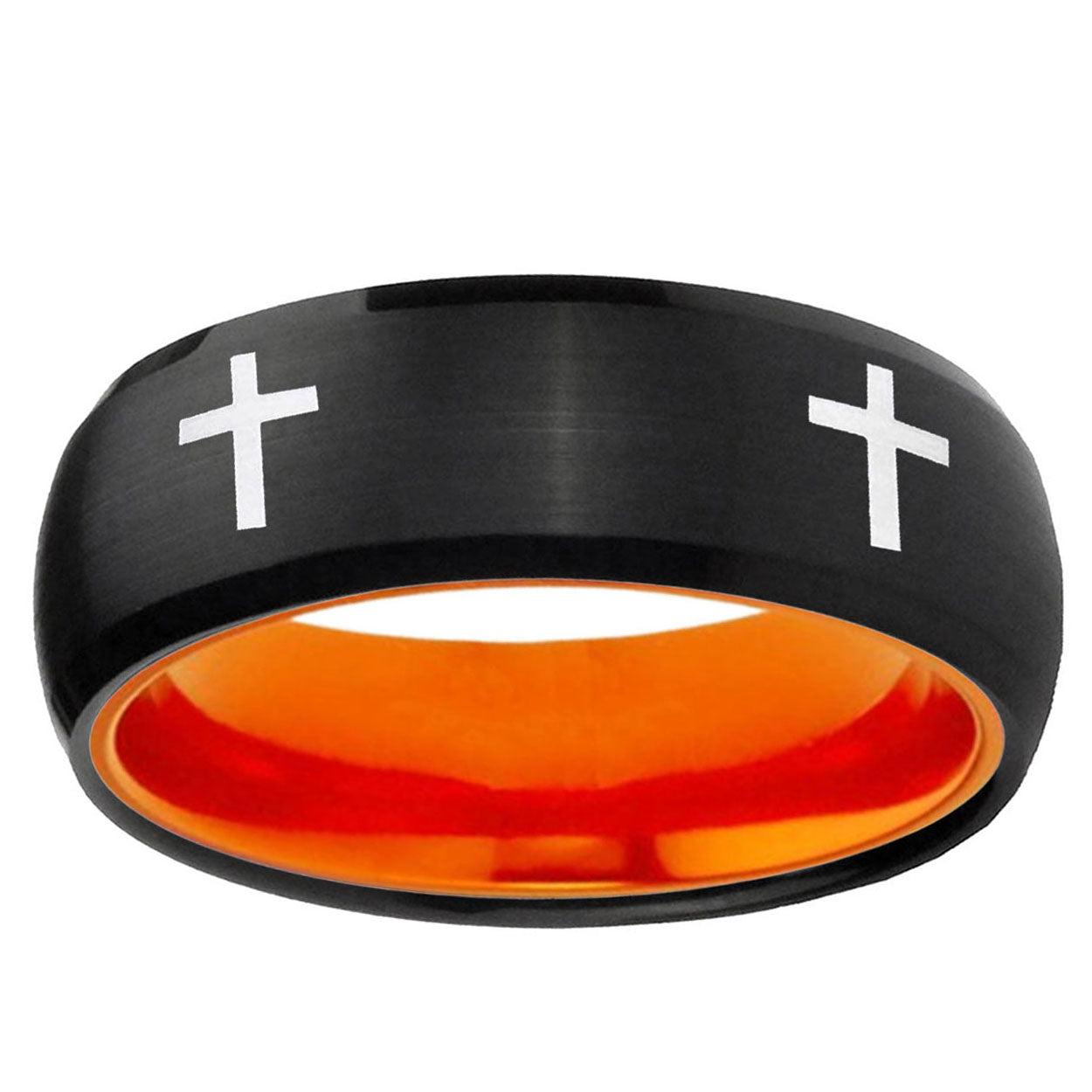 Crosses Dome Black And Orange Tungsten Custom Men's Ring