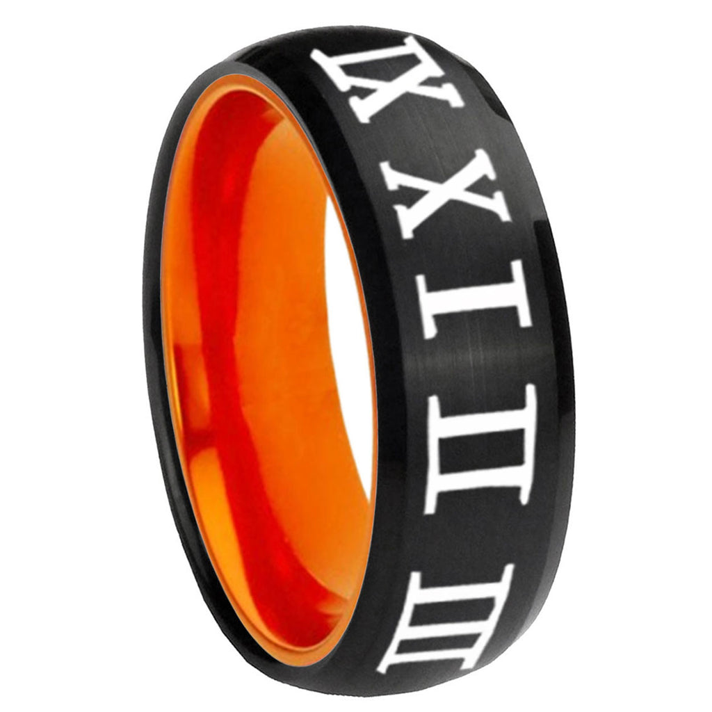 8mm Roman Numeral Dome Black Orange Tungsten Ring for Men