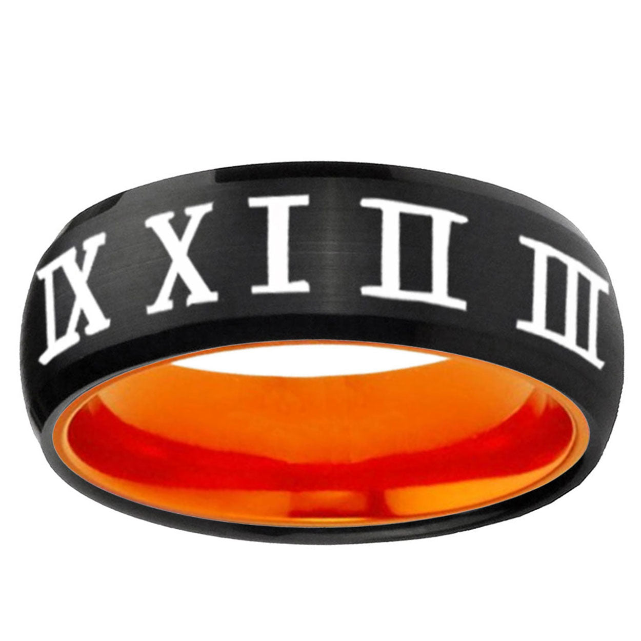 Roman Numeral Dome Black Orange Tungsten Ring for Men