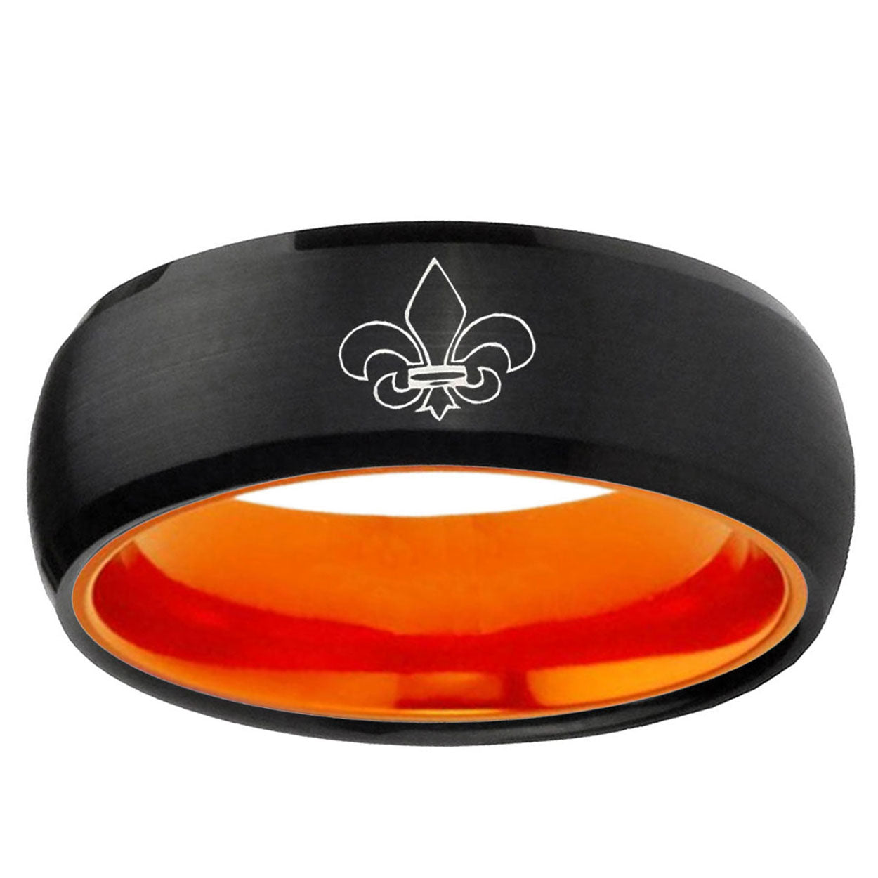 Fleur-De-Lis Dome Black And Orange Tungsten Engraved Ring