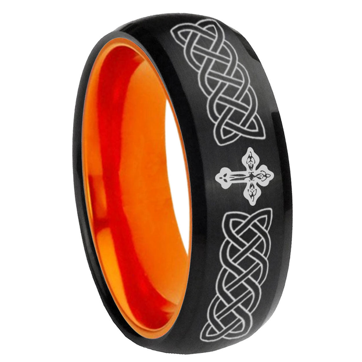 8mm Celtic Cross Dome Black And Orange Tungsten Engraved Ring